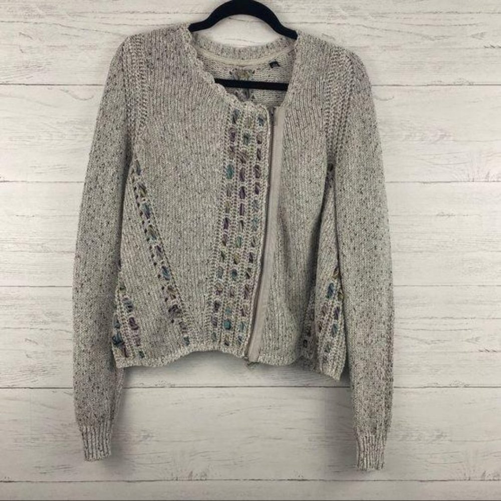 Knitted & Knotted from Anthropologie Gray Ribbon Detail Zip Sweater